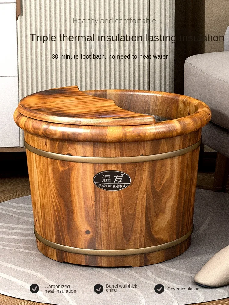 Over-The-Calf Solid Wood Foot Bath-Insulated Portable Foot Soak Tub for Home Use, Traditional Wooden Spa Experience