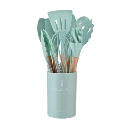 12-Piece Non-Stick Silicone Kitchen Utensils with Wooden Handles (Mint 12Pcs)
