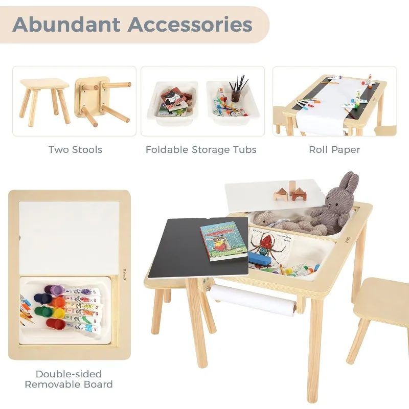 Sensory Table with 2 Chairs & 1 Roll Paper, Multifunction Wooden Sand and Water Table with Double-Side Board