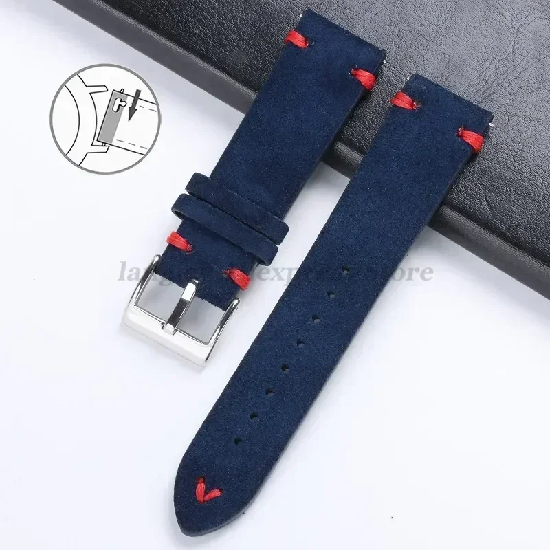 Vintage Handmade Suede Leather Watch Strap with Stitching Details, Available in Multiple Widths