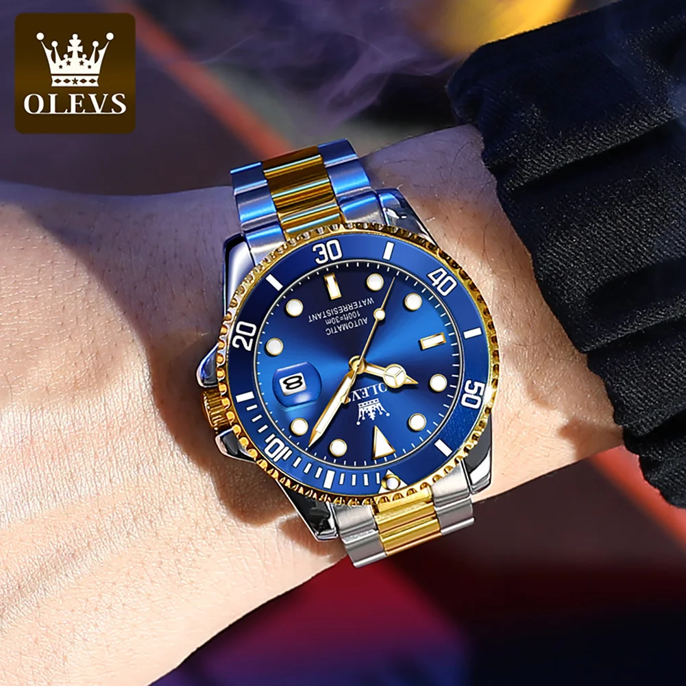 Mechanical Watch Diver Watch Business Watch Link OLEVS Men's Automatic Mechanical Watch Rotatable Bezel Analog Wristwatch Diving Green Waterproof Business Man Watch