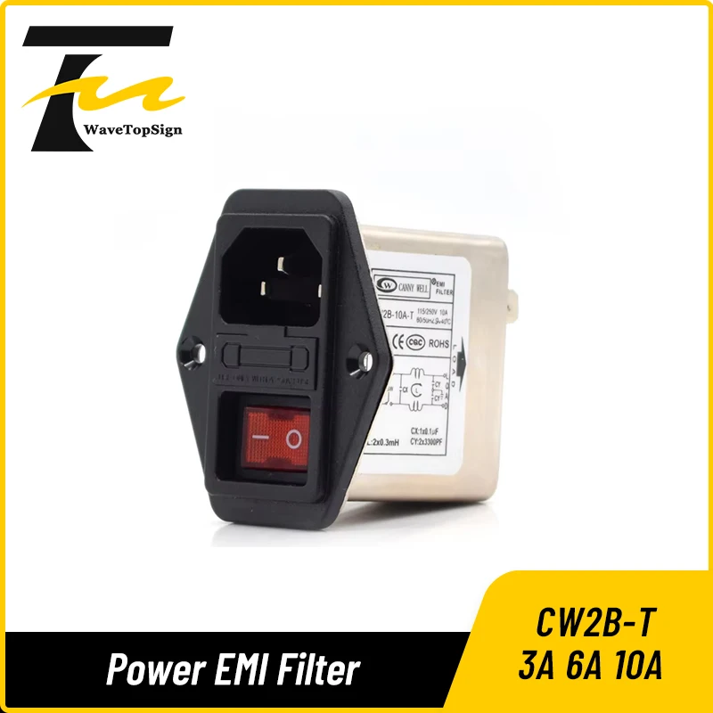 CW2B-3A/6A/10A-T 赤色光電源フィルターソケット安全スイッチ 220V 付き(CW2B-6A- 単相220V電源フィルターソケットCW2B-10A 6A 3A-T赤ネオンライト大型スイッチ(CW2B-3A-T 003 with