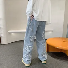 

High Street Love Embroidery Retro Vibe Fringe Jeans Pants Men and Women Straight Oversize Straight Casual Baggy Denim Trousers