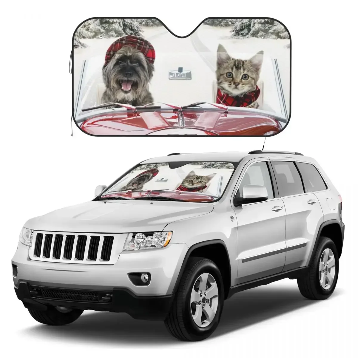 

Dog And Cat Driving Car Through Snow Sunshades Reflector Anti Uv Custom Car Sunshade Sun Shade