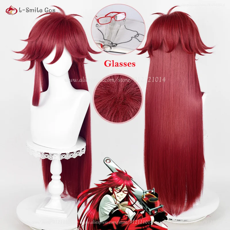 

Anime Kuroshitsuji Wigs Grell Sutcliff Cosplay Wig 90cm Dark Red Wigs Heat Resistant Synthetic Hair Halloween + Wig Cap