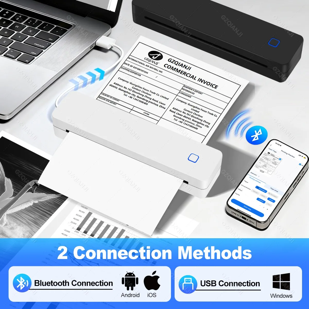 A4 Thermal Printer Bluetooth Wireless Portable Photos PDF Document Printer Support Windows/Android/iOS