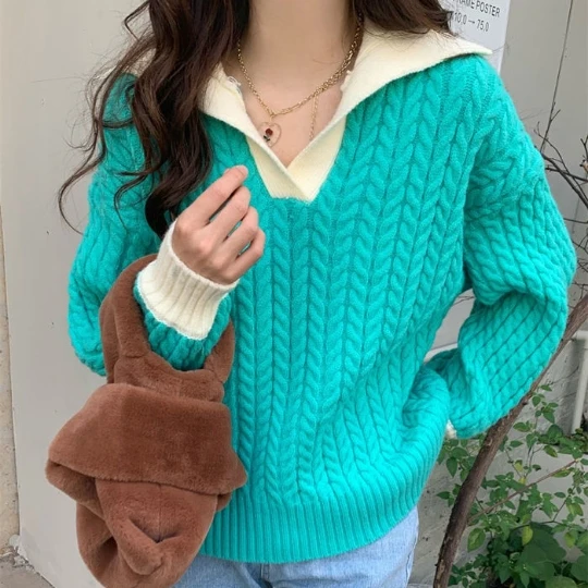 

Blue Lapel Girl Pullover Woman Sweater Knit T Shirt Tops Casual Blouse for Women Sweaters Fall Spring Top Coat Cloth Suétere