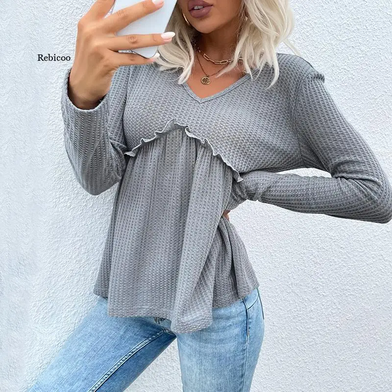 

Women Spring Autumn Solid Color Long Sleeve T-Shirt Waffle-Knit V Neck Flounce Patchwork Basic Tops for Ladies S/M/L/XL