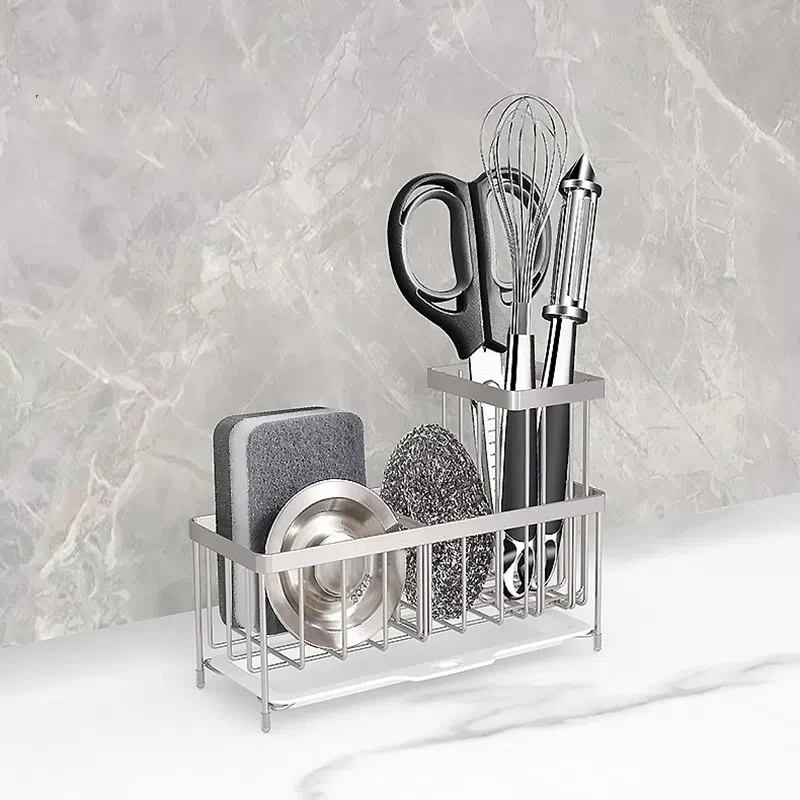 304 Stainless Steel Sink Drain Rack Kitchen Sponge Storage Rack Household Steel Wire Ball Long Brush Cloth Storage Rack
