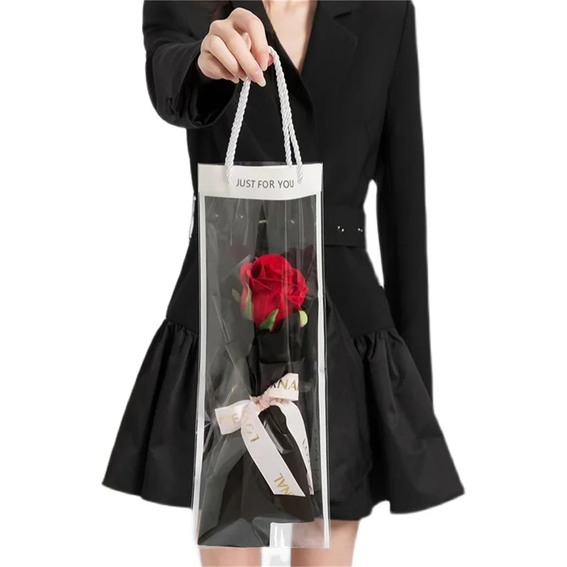 10Pc White/Pink PVC Flower Packing Bag Transparent Tote Flower Bouquet Birthday Party Gift Bag Florist Wrapping Handbag