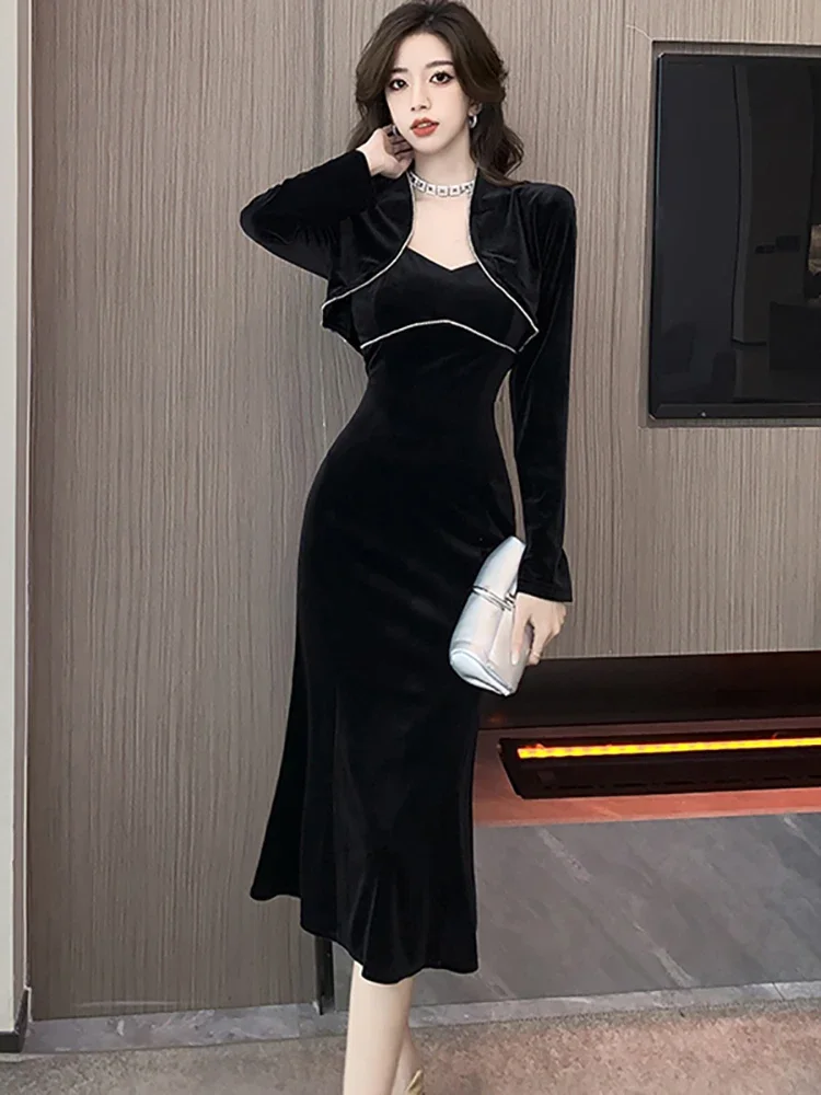 

Black Velvet Dress Party Evening Elegant Luxury Celebrity Women Autumn Winter New Features of Dress 2023 Korean Vintage Vestidos