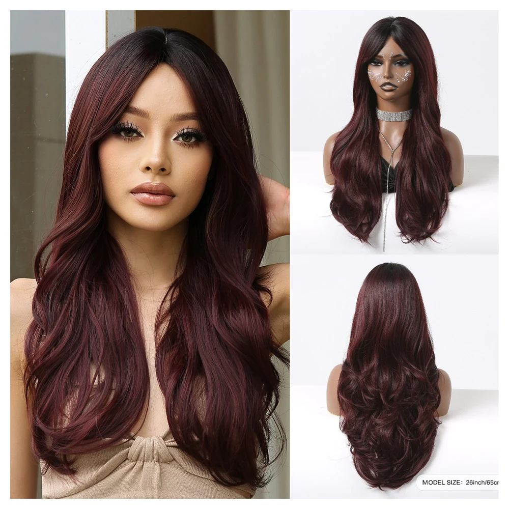 

Wig set, wig with red brown center cut bangs and gradually large waves on the top of the head, 24 inch long curly hair full set