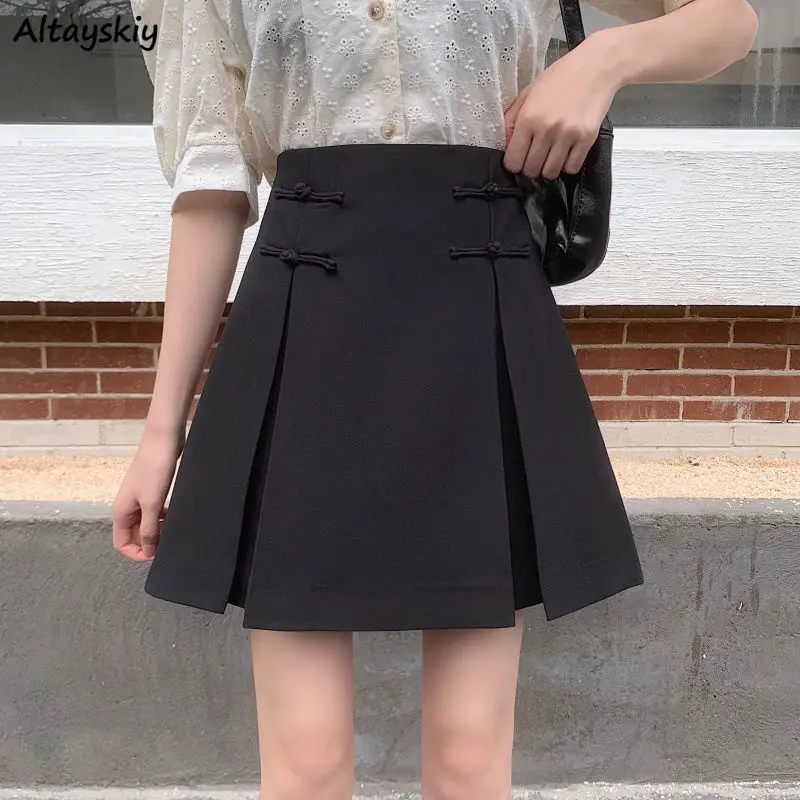 

Black Skirts Women High Waist Button A-line Above Knee Y2k Sweet Preppy Lovely Students Females Vintage Chinese Style Tender New