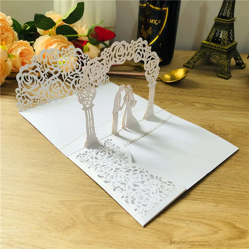 3D Bride And Groom Rose Gold Pop up Wedding invitations laser cut Greeting cards envelope Rsvp Navy blue White Pink