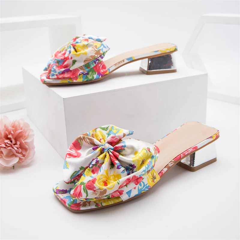 

Square Toe Open Toe Bow Women's Slippers Sandals Sequin Slides Mid Heels Slip On Women Shoes Summer Simple Outdoor Mules Shoes
