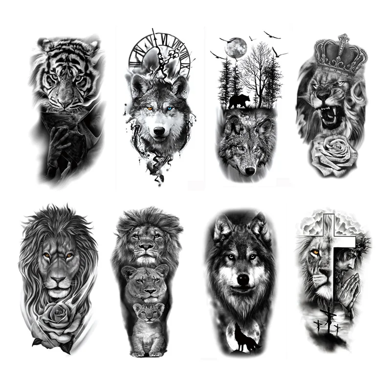 Waterproof Temporary Tattoos for Men Women Animal Lion Tiger Bear Tattoo Stickers Wolf Crown Body Art Arm Fake Tatoo 6