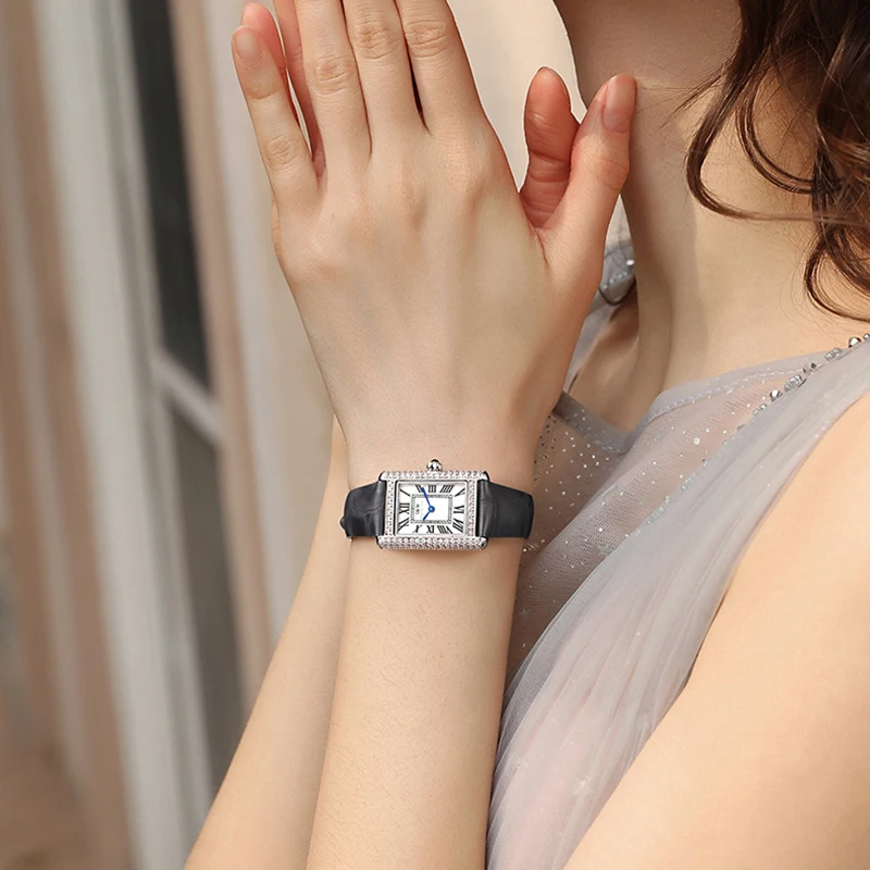 Schweiz KARNEVAL Retro Damen Uhr Schlanke Quadratische Quarz Uhren Frauen 2024 Diamant Lünette Leder Band Wasserdicht Montre Femme_voghion.com