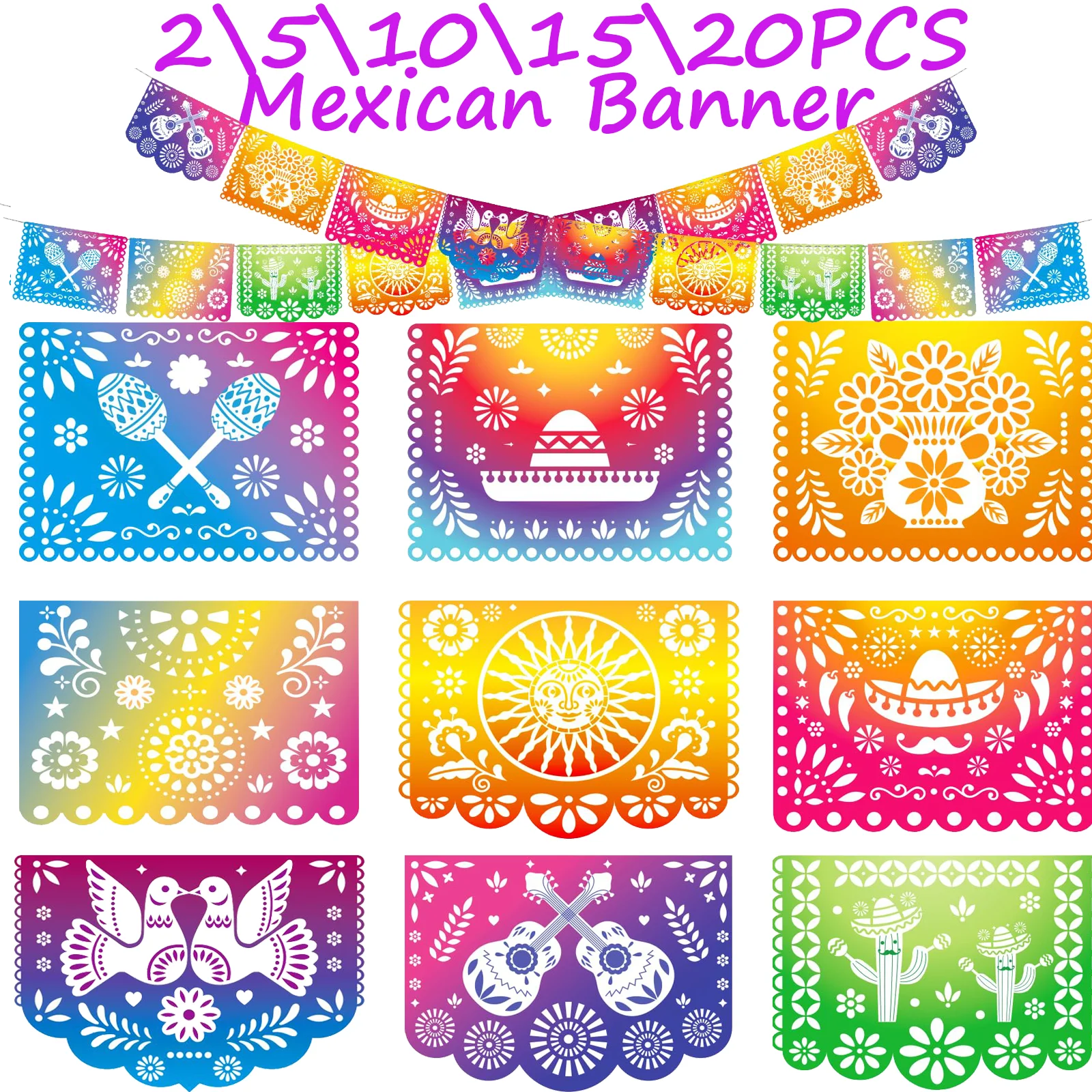 2-20pcs Mexican Banner Pattern Square Banner For Mexican Theme Party Favors Decoration Cinco de Mayo Fiesta Day of The Dead