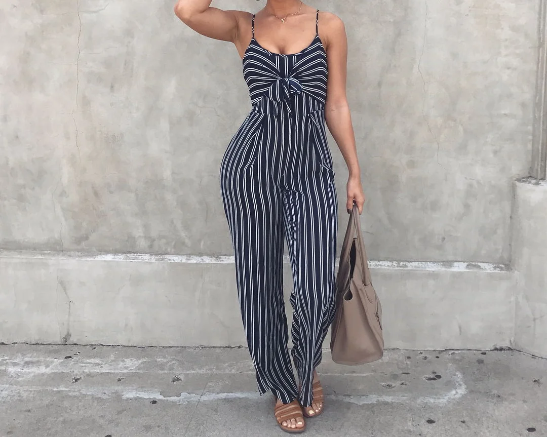 

Jumpsuit Women 2024 Summer Fashion Stripe Lace-up Waist Hollow V-Neck Sleeveless Casual Daily Sling Long Jumpsuits Streetwear