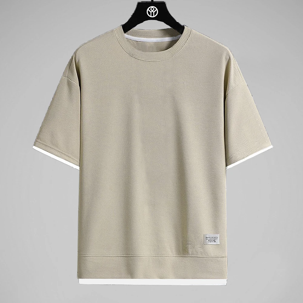 남성용 반팔 와플 티셔츠, 통기성 캐주얼 티셔츠, 단색 O넥 상의, 2024 여름 신상 