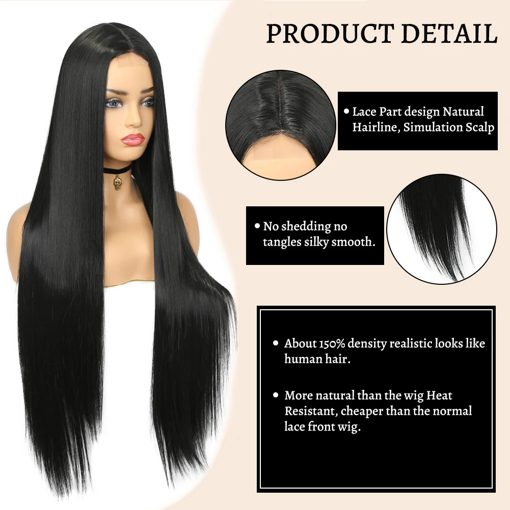 Wignee Long Straight Wig 30 Inch Black Wig Middle Part Lace Wigs High Lights Synthetic Hair Wigs Black Women Cosplay lace wigs synthetic wigs womens synthetic wigs