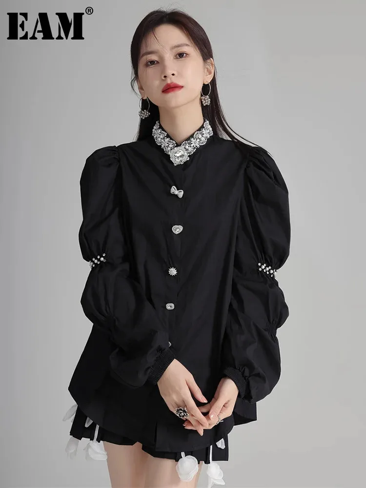 

[EAM] Women White Rhinestones Vintage Blouse New Stand Collar Long Puff Sleeve Shirt Fashion Tide Spring Autumn 2024 1DH4181