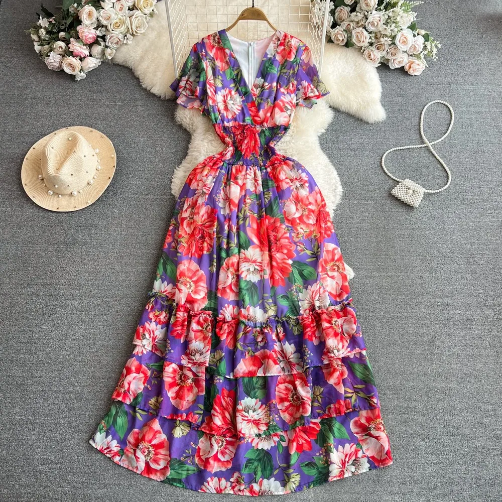 

JAMERARY Fashion Runway Holiday Floral Print Ruffle Cake Dress Women Short Sleeve A Line Pleated Beach Summer Maxi Long Vestidos