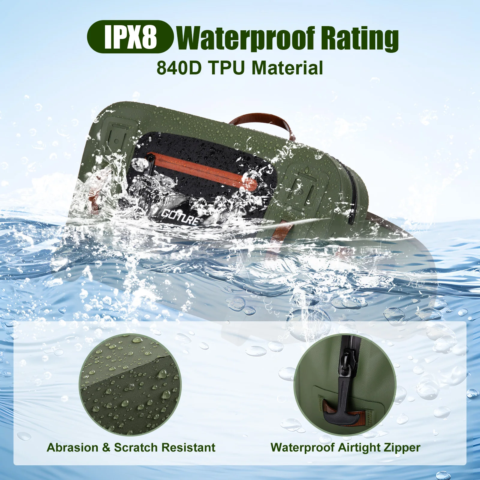Goture IPX8 100 % wasserdichte Fliegen-Angeltasche, leicht, 840D TPU, multifunktionale Neckholder-Hüfttasche, Tasche mit großer Kapazität – Detail 10