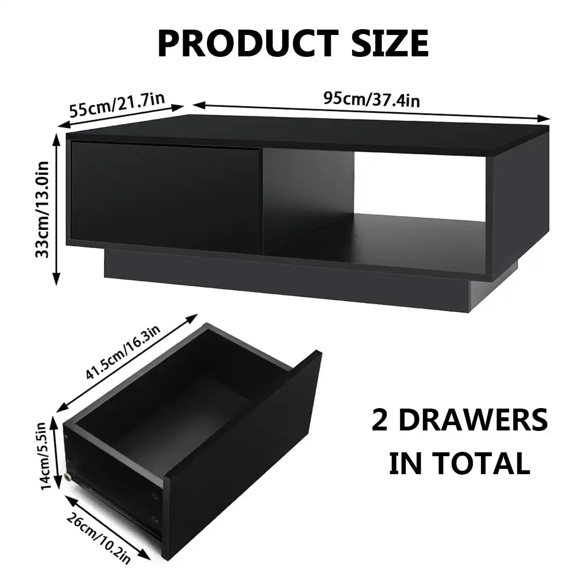 LED Coffee Table Modern Side Tables High Gloss Black Cocktail Table with 2 Drawers Open Shelf for Living Room 2