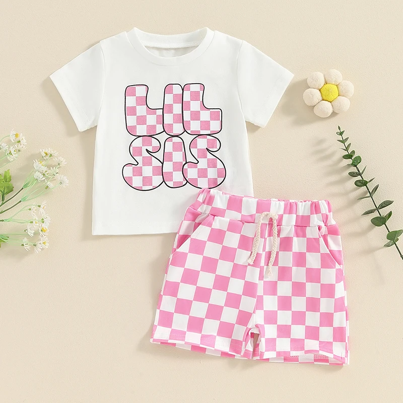 

Toddler Kids Girl Summer Outfit Letter Print Crew Neck Short Sleeve T-Shirts Tops and Checkerboard Shorts 2Pcs Clothes Set