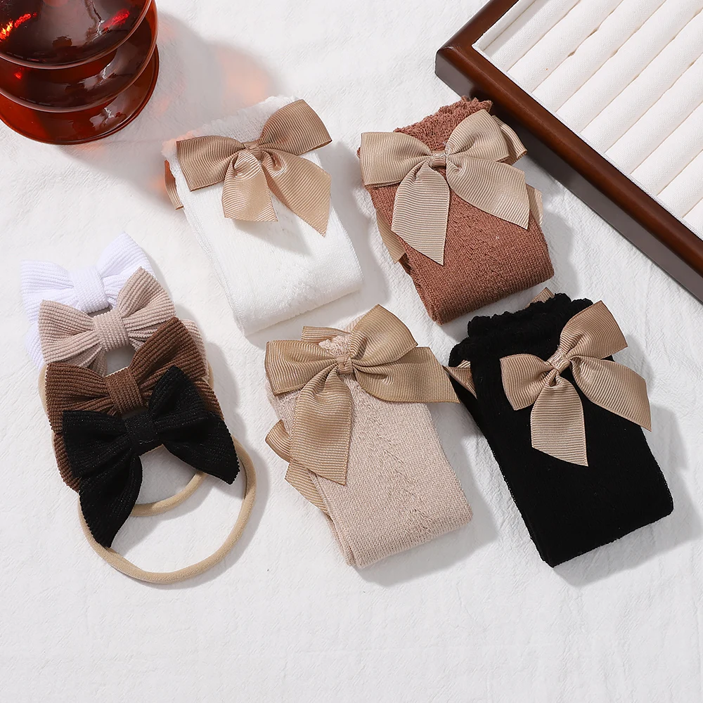 

3Pcs/Set 0-3 Years Solid Color Baby Bows Cotton Socks Headband Set Soft Socks for Newborn Girls Infant Hair Accessories