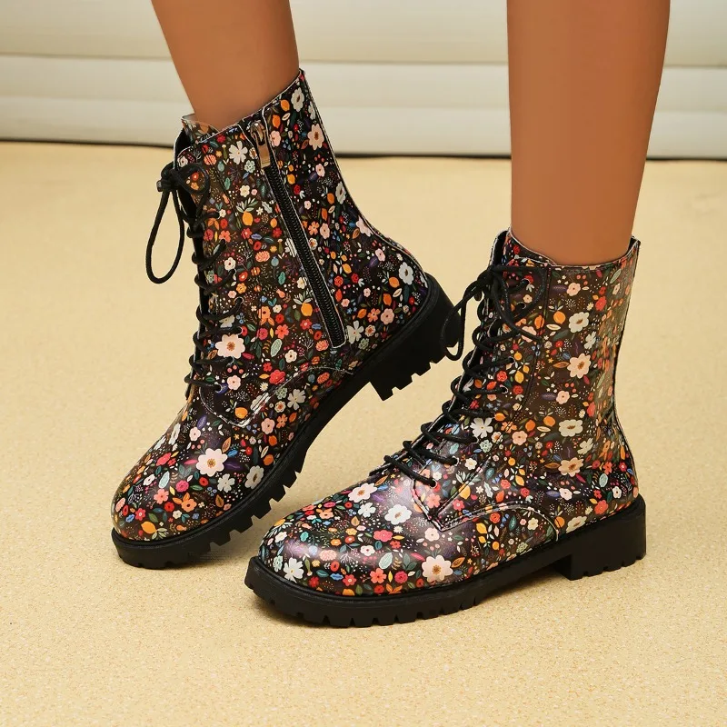 Shoes Female 2023 Hot Sale Lace Up Women Boots Winter Round Toe Mixed Colors Middle Barrel Chunky Heel Large Size Fashion Boots