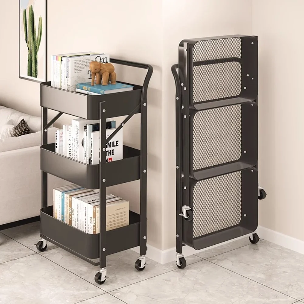 Folding Storage Trolley Kitchen Multi-layer Vegetables Rack Movable Fruits Snacks Storage Cart Household Space-Saving Trolley storage rack,rolling storage cart,folding shopping cart