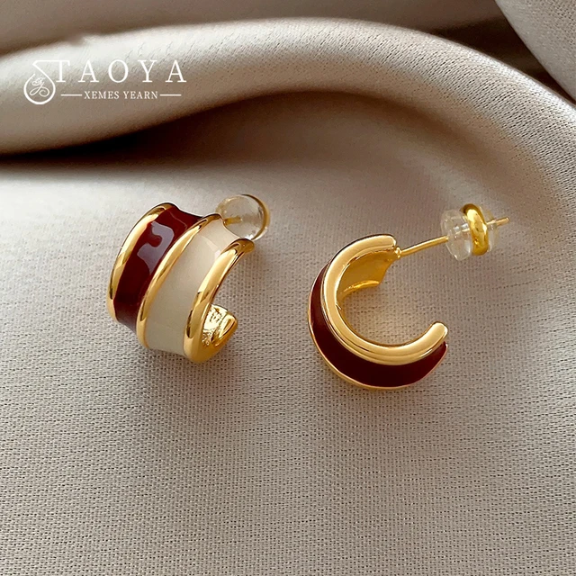 2024 Vintage style Wine red Contrasting Half Circle Enamel Earrings 1