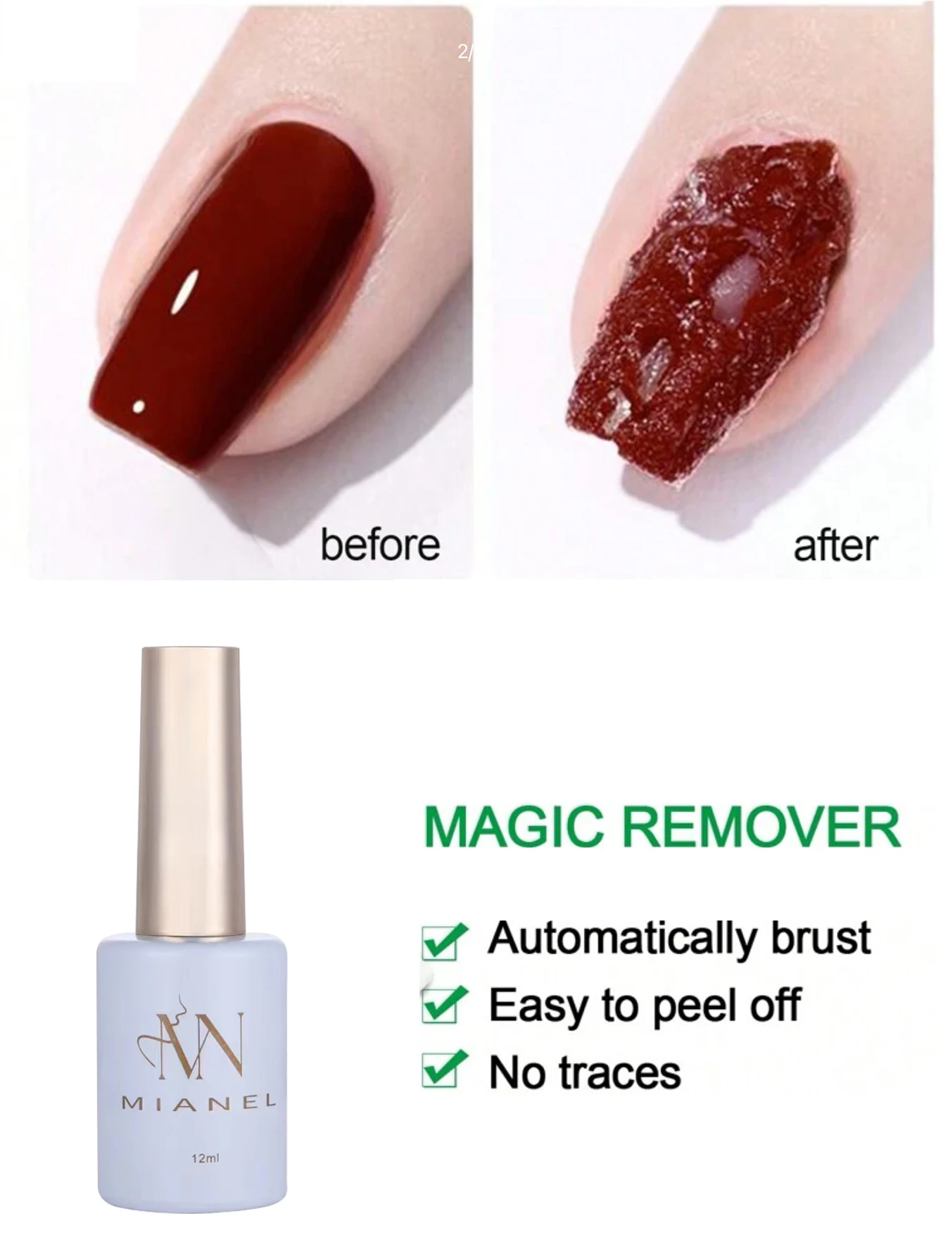 MIANEL 12ml Soak-Off Nail Polish Remover, Quickly & Easily, No Soaking Or Wrapping,Professional Gel Polish Remover For Nails Kit 2