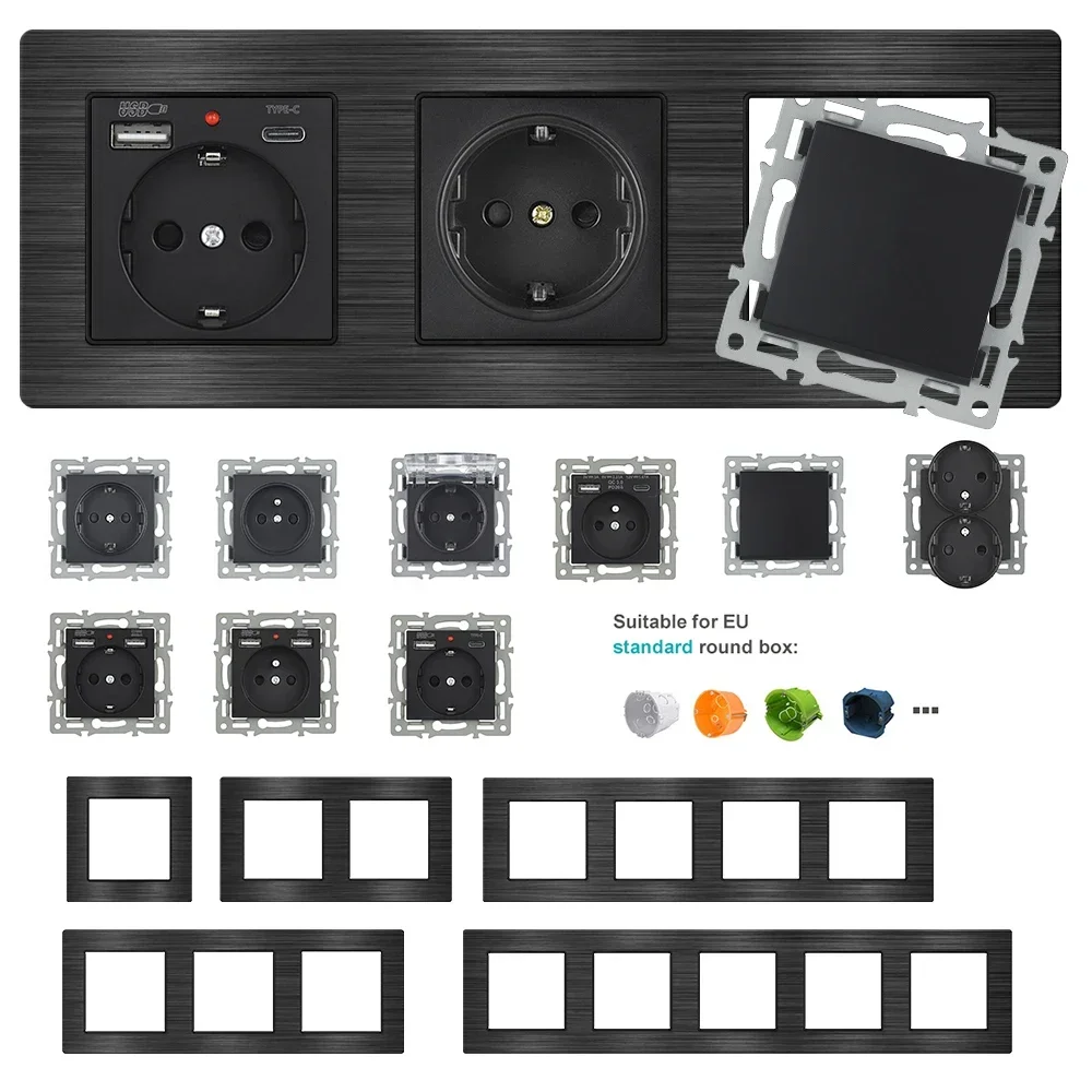 SRAN F9 Series Black Aluminum alloy Panel DIY sockets and switches 220v,French eu Electrical outlets Usb wall outlet TV rj45