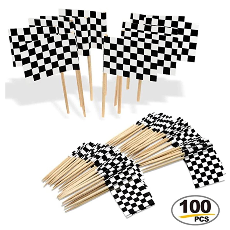 100pcs Racing Flag Toothpicks Checkered Flag Picks Appetizer Toothpicks Fruit Sticks for Cocktail Party Decor - Black and White