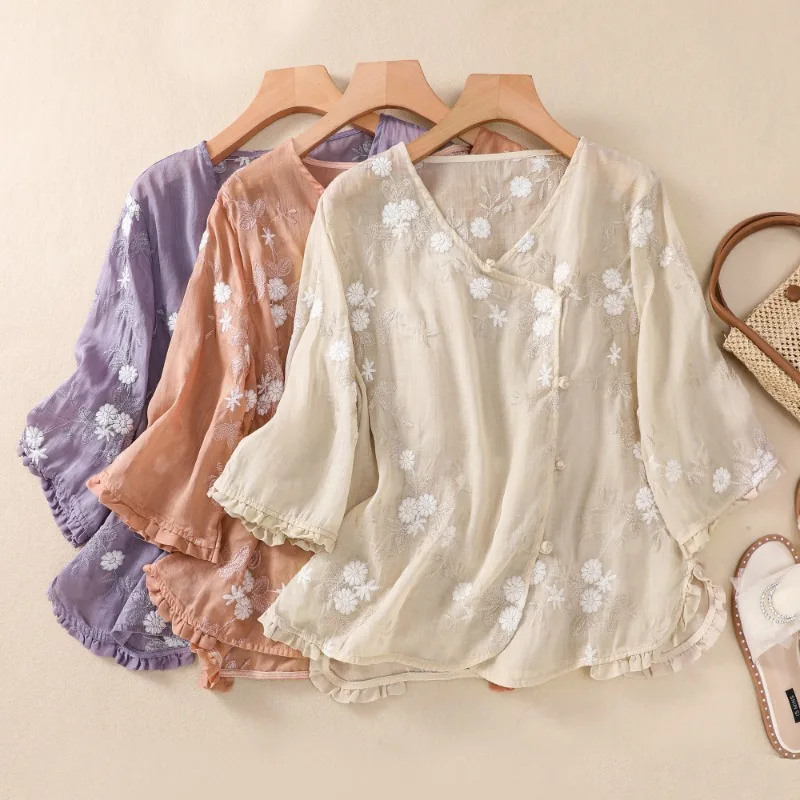 

Women's Shirts Embroidery Chinese Style Blouses Summer 2023 New Solid V-neck Ladies Clothing Loose Cotton Linen Tops YCMYUNYAN