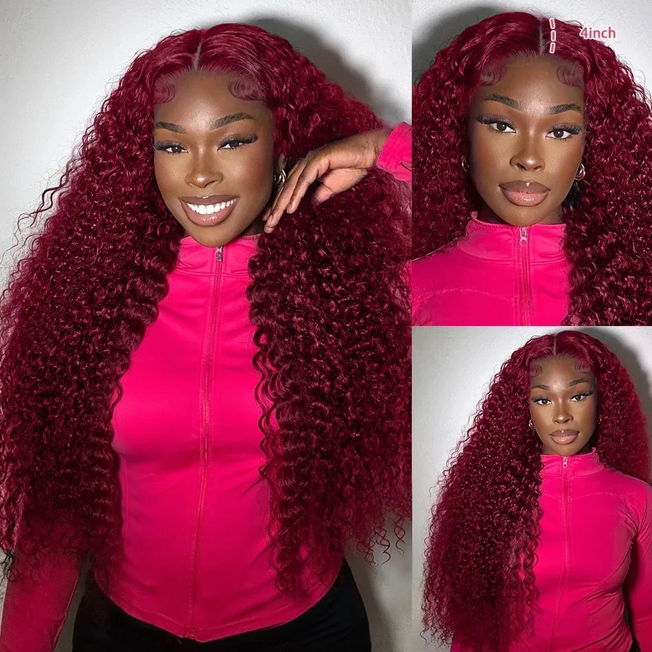 99J Burgundy 13x6 HD Lace Frontal Wig Human Hair Water Curly Red Colored 13x4 Transparent Lace Deep Wave Frontal Wig 5