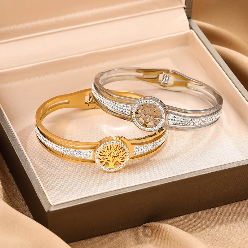 316L Stainless Steel Hollow Celtic Knot Tree of Life Cuff Bracelet Micro Embedded Zircon Spring Bangle for Women Vintage Jewelry 4