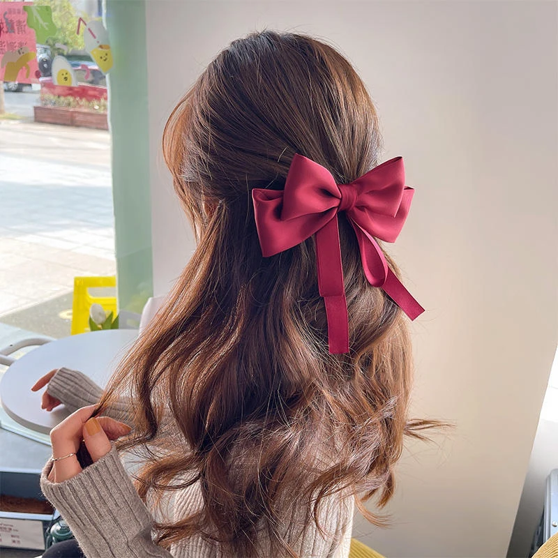 

1PC Fashion Huge Bow Hair Clip Long Streamer Duck Billed Clip White Large Bowknot Satin Hairpin Elegant And Sweet Hair Accessory