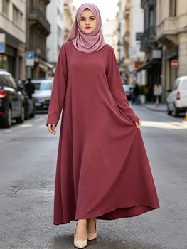 فستان كافتان نسائي بلون واحد وياقة مستديرة وأكمام طويلة، تنورة طويلة أنيقة ومريحة للاستخدام اليومي 1