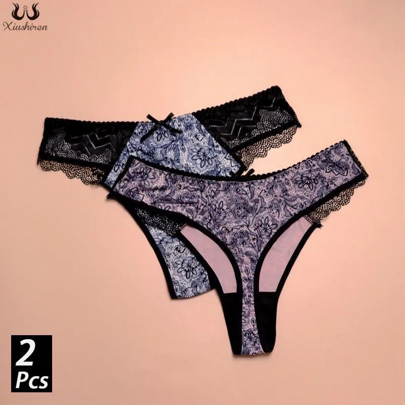 2PCS/Set G-string Panties Plus Size Women's Underwear Sexy Briefs Female  Underpants Thong Print Floral Lingerie L-5XL Pantys
