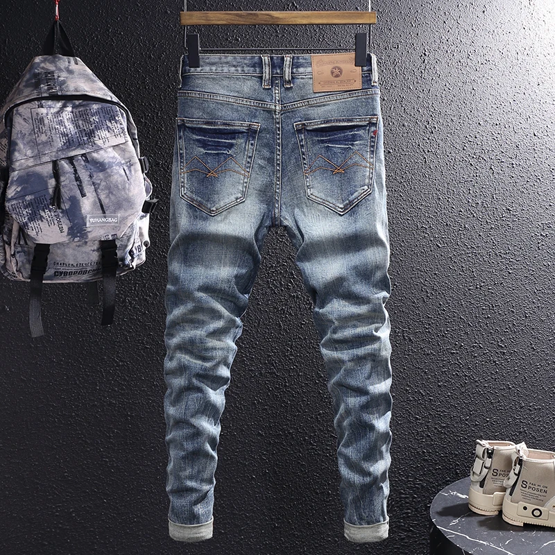 Fashion Designer Men Jeans High Quality Retro Blue Elastic Slim Fit Ripped Jeans Men Italian Style Vintage Denim Pants Hombre