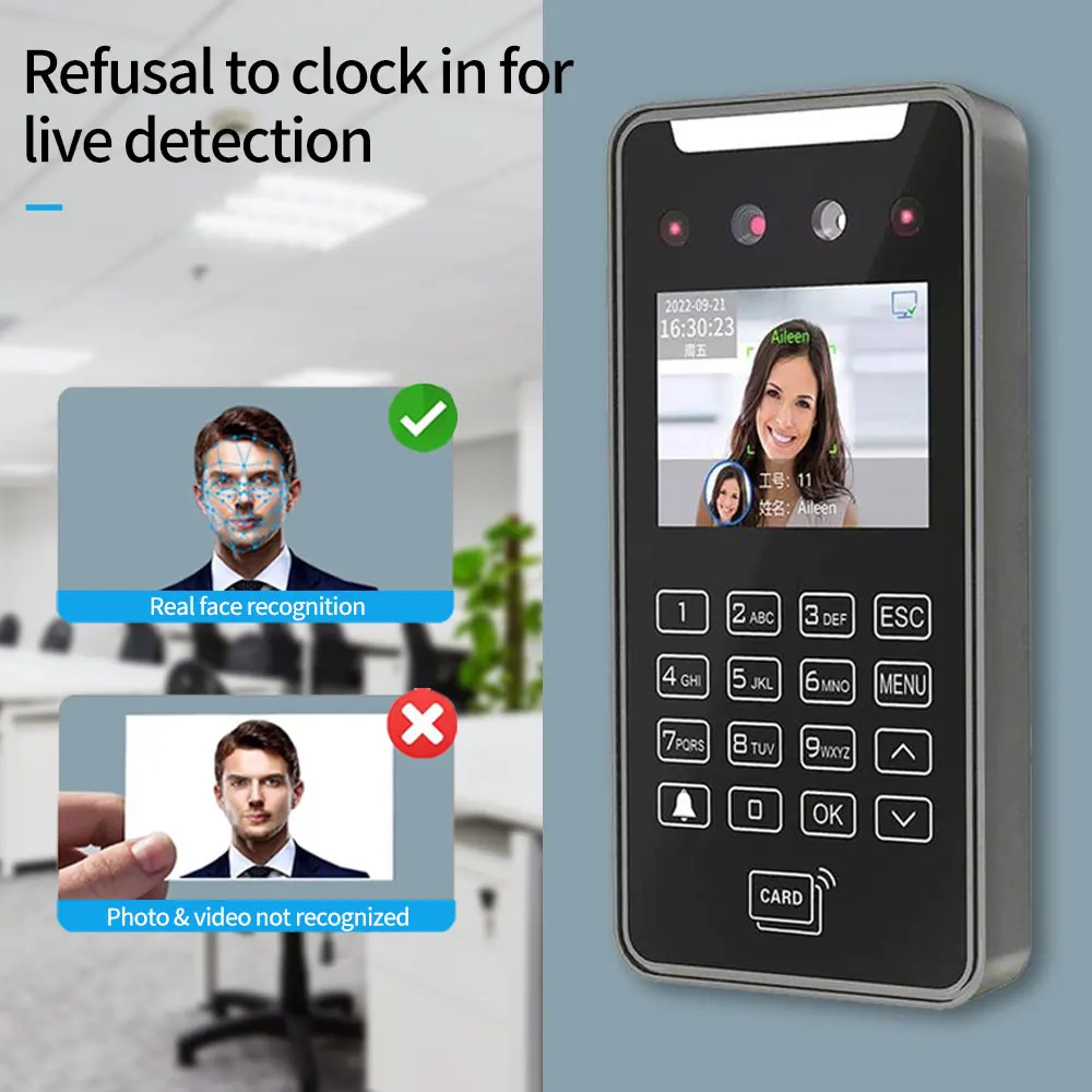 Fingerprint Attendance Machine Facial Recognition Clock 5000User 2.8Inch Touch Lcd 2MP Camera Biometric Face Recognition Wifi Access Control Employee Time Attendance Free Cloud API SDK