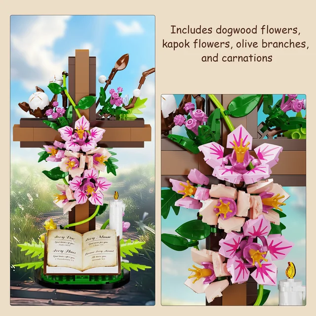 Jesus Cross Flower Building Set,Religious Cross Collectibles Blocks Toys Christmas, Christian, Birthday Gifts for Mothers, Women