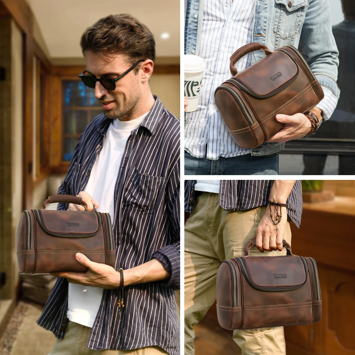 Contact's Men Business Travel Wash Toiletry Bag Crazy Horse Leather Washing Tool Storage Bag Cosmetics Handbag 3