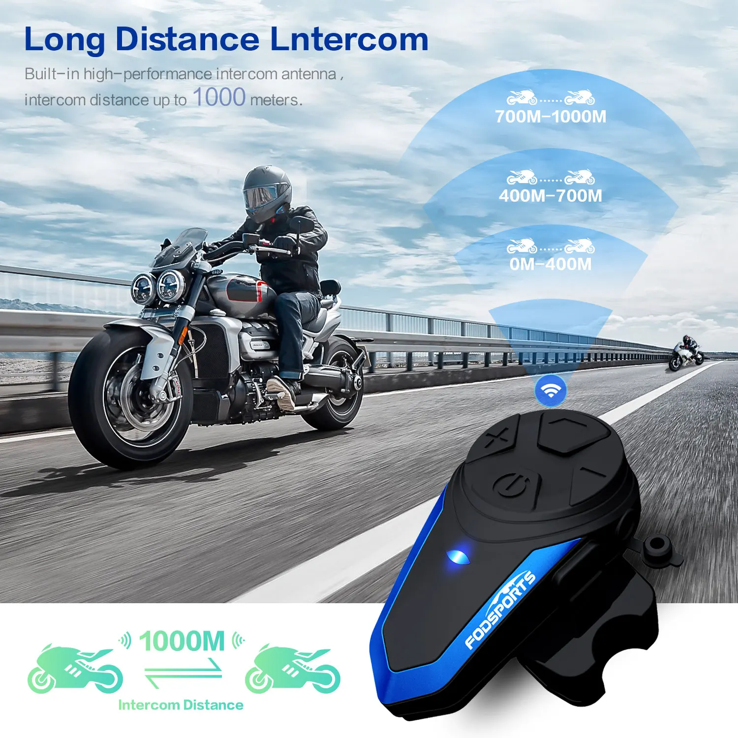 Fodsports BT-S3 motorcycle helmet intercom 1000M wireless