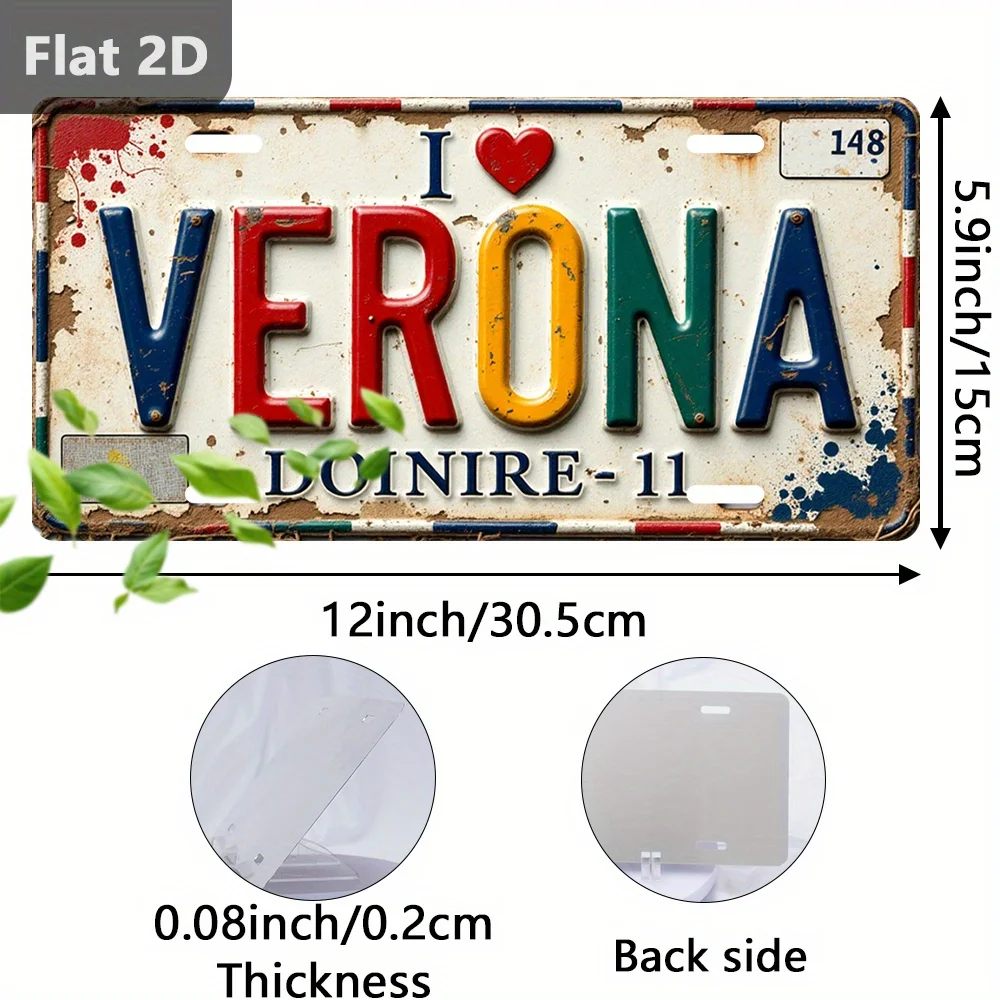 빈티지 I Love Verona 번호판 스타일 금속 알루미늄 플레이트 페인팅 HD 프린트 벤더블 벽 장식 (차고, 남자들의 동굴, 바)