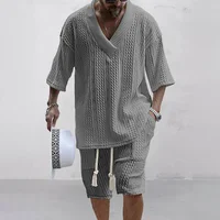 סט שורטס לגברים קיץ רגיל מסריגה שניים בגדי גברים V-Neck חולצת שרוול קצרה ומכנסיים Streetwear תלבושות סריגה 5